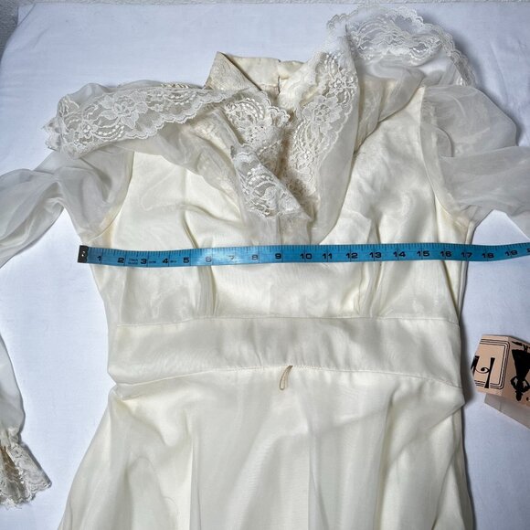 Vintage 70s Chiffon Maxi Wedding Dress Union Made Prom Ivory Lace Hi Neck Small - Picture 4 of 16